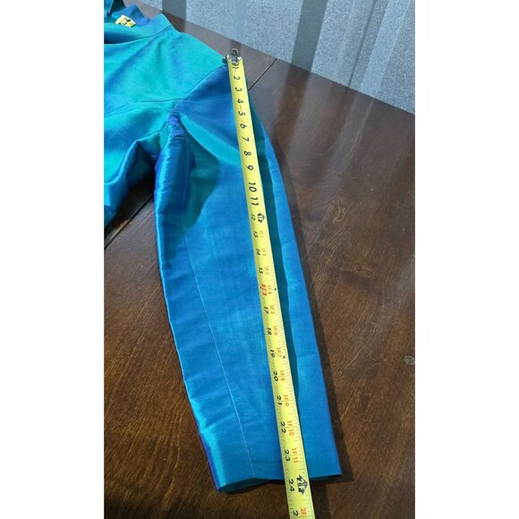 Vtg Cedro 2 Piece Womens Suit Sz S/M Iridescent Teal Blue 100% Silk Pantsuit Set - Picture 10 of 16